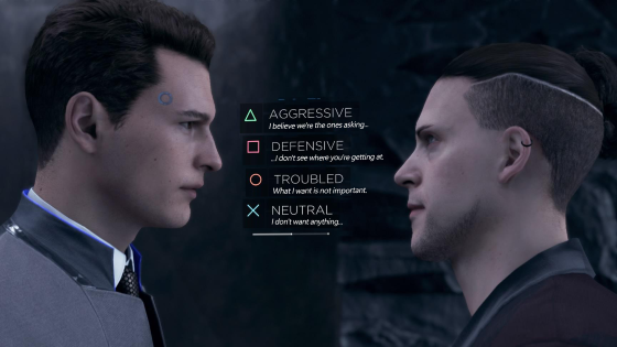 Characters Connor and Reed from Detroid Become Human standing face to face with four different dialogue options between them.