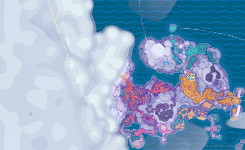 Slime Rancher map with half of the map undiscovered and covered with clouds